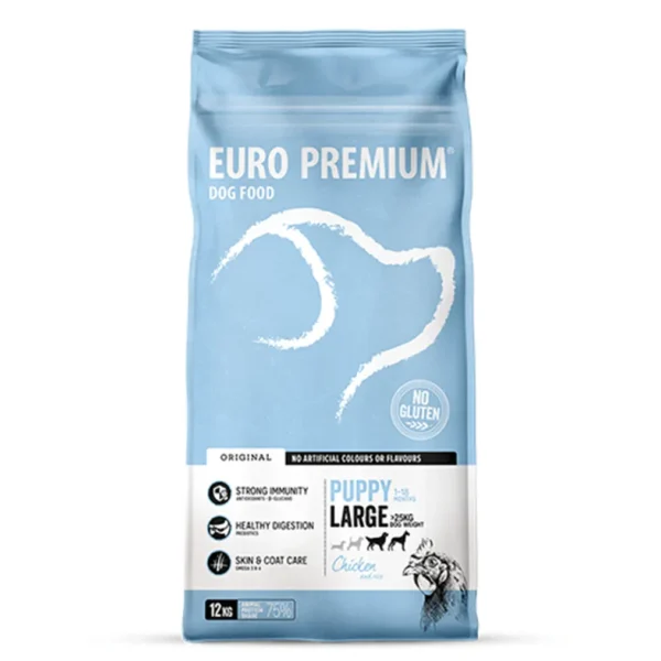 Studio shot of Euro Premium Large Puppy Chicken & Rice bag, featuring the brand logo, health benefits, and gluten-free claim.