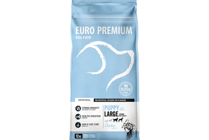 Studio shot of Euro Premium Large Puppy Chicken & Rice bag, featuring the brand logo, health benefits, and gluten-free claim.