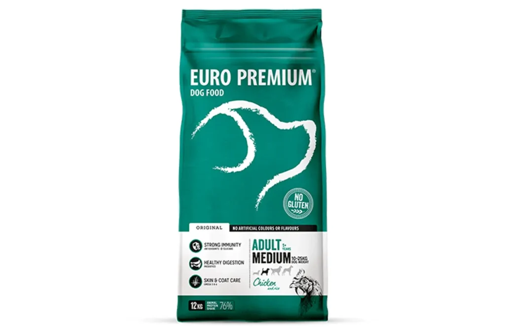 A bag of Euro Premium Adult Medium dog food (image shows Lamb & Rice, but text refers to Chicken & Rice), highlighting its carefully selected, high-quality ingredients for optimal nutrition.