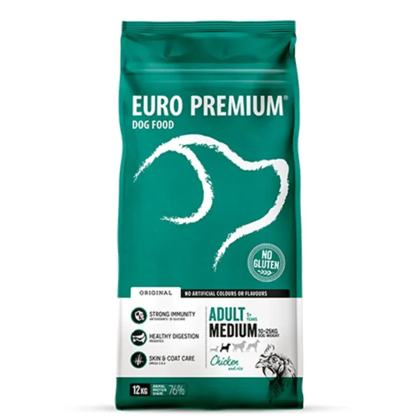Studio shot of Euro Premium Medium Adult Chicken & Rice bag, featuring the brand logo, health benefits, and gluten-free claim.