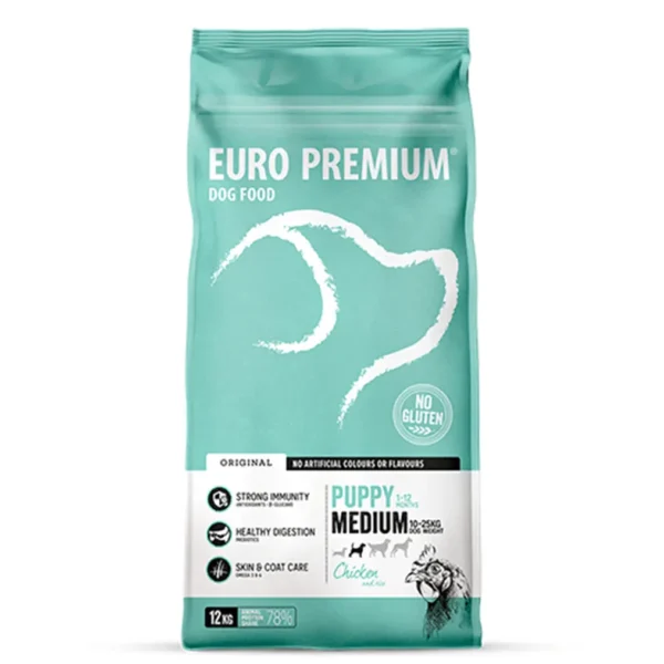 Studio shot of Euro Premium Medium Puppy Chicken & Rice bag, featuring the brand logo, health benefits, and gluten-free claim.