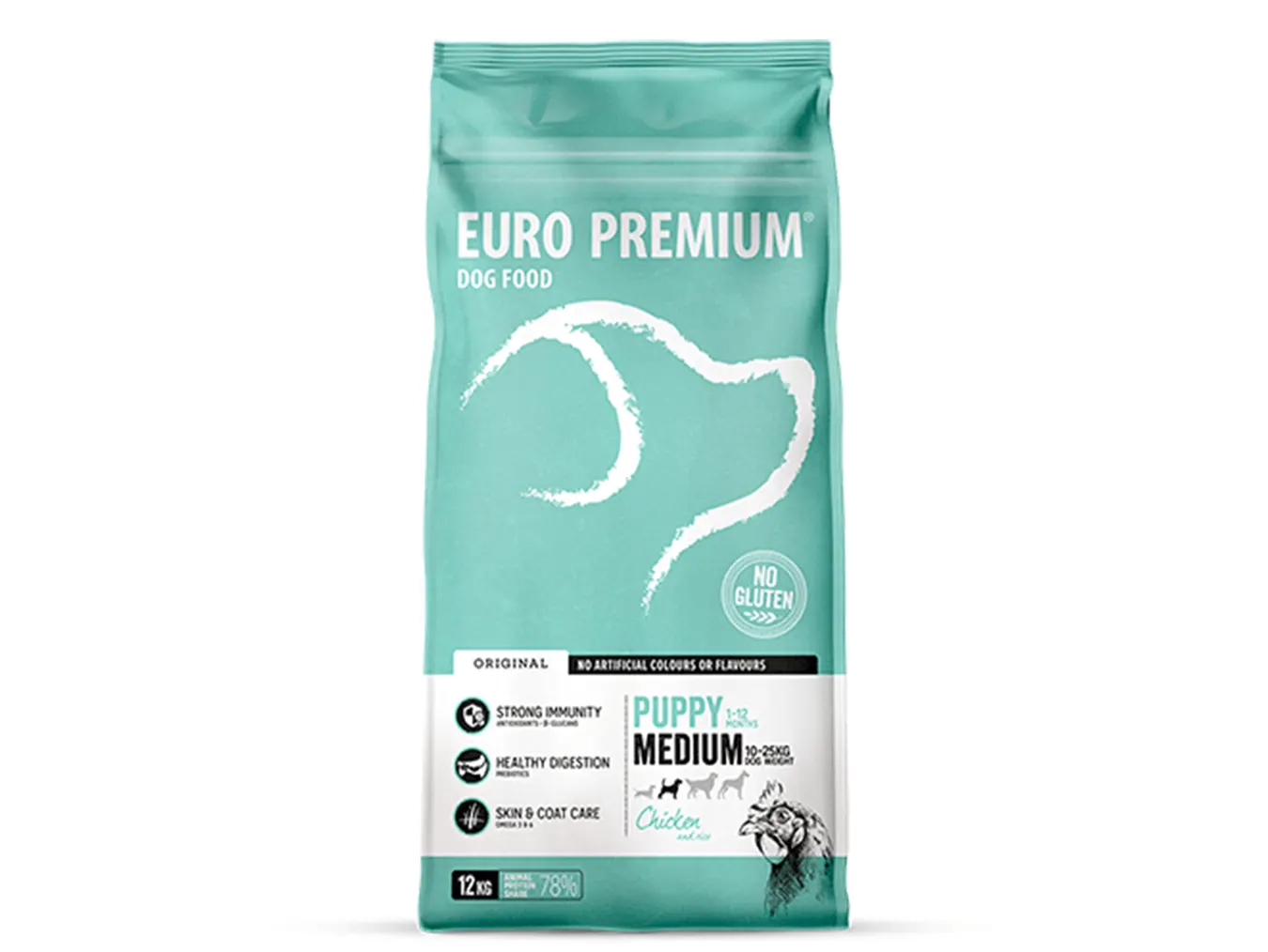 Studio shot of Euro Premium Medium Puppy Chicken & Rice bag, featuring the brand logo, health benefits, and gluten-free claim.