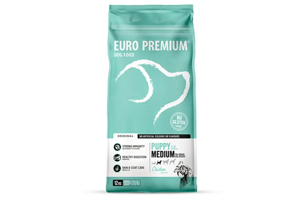 A bag of Euro Premium Puppy Medium dog food, highlighting its premium chicken and rice ingredients for optimal nutrition and healthy development.