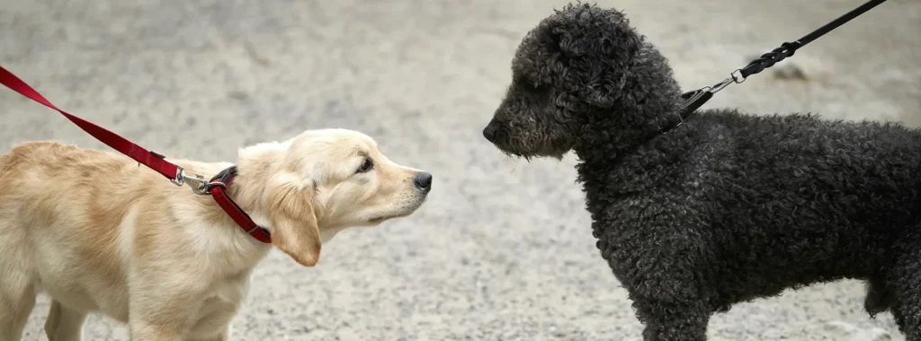 Two puppies, a golden retriever and a black poodle, facing each other, representing healthy growth supported by high-quality lamb nutrition.