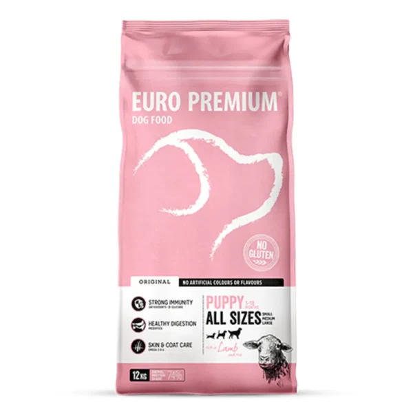Studio shot of Euro Premium All Sizes Puppy Lamb & Rice bag, featuring the brand logo, health benefits, and gluten-free claim.