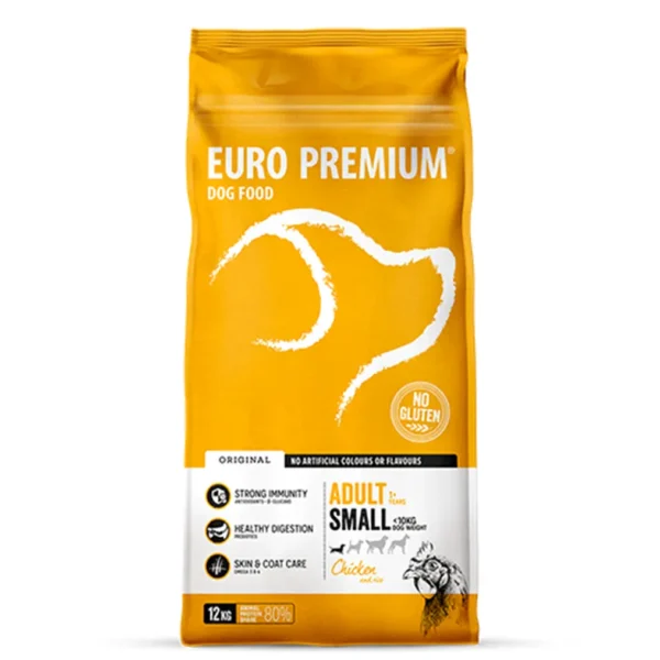 Studio shot of Euro Premium Small Adult Chicken & Rice bag, featuring the brand logo, health benefits, and gluten-free claim.