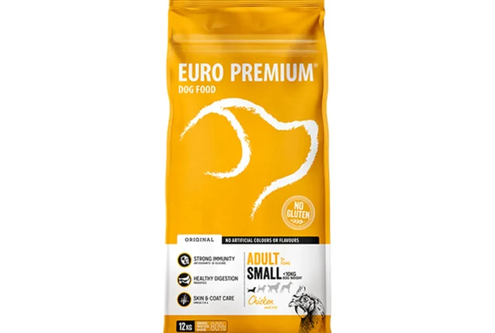Studio shot of Euro Premium Small Adult Chicken & Rice bag, featuring the brand logo, health benefits, and gluten-free claim.