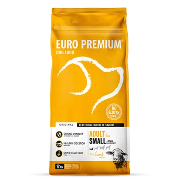 Studio shot of Euro Premium Small Adult Lamb & Rice bag, featuring the brand logo, health benefits, and gluten-free claim.