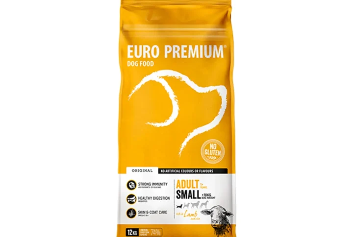 Studio shot of Euro Premium Small Adult Lamb & Rice bag, featuring the brand logo, health benefits, and gluten-free claim.
