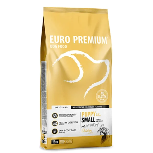 Alternate angle of Euro Premium Small Puppy Chicken & Rice bag, showing additional branding and product details.
