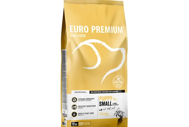 Alternate angle of Euro Premium Small Puppy Chicken & Rice bag, showing additional branding and product details.