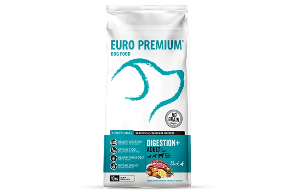 A bag of Euro Premium Adult Digestion+ Duck & Potatoes dog food. This image showcases the high-quality, grain-free nutrition for optimal gut health provided by Euro Premium Adult DIGESTION+ Fresh Duck.