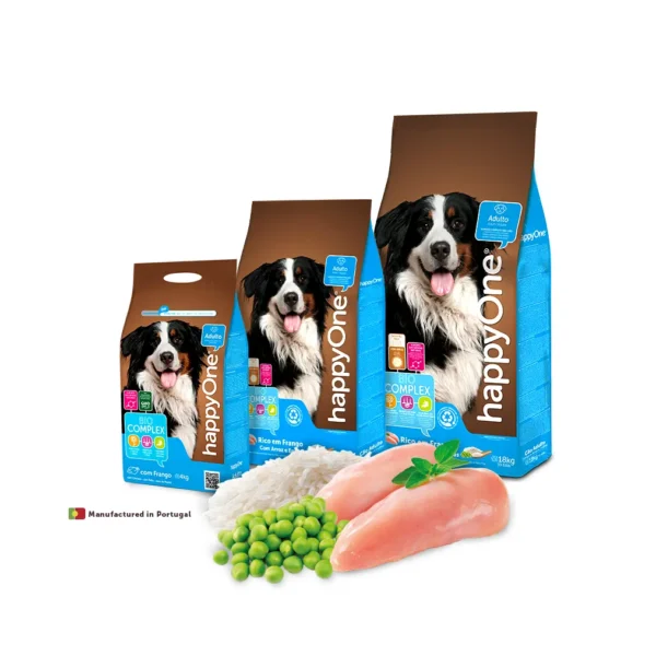 Studio shot of the HappyOne Adult Dry Food bags (4kg, 10kg, and 18kg), showing the front-side packaging with key nutritional benefits.