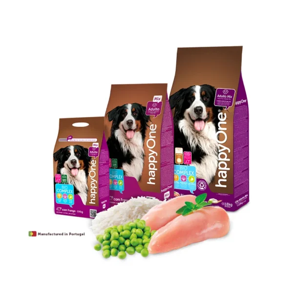Studio shot of the HappyOne Adult Dry Food Mix bags (4kg, 10kg, and 18kg), showing the front-side packaging with key nutritional benefits.