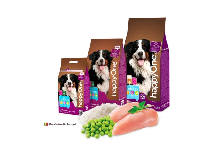 Studio shot of the HappyOne Adult Dry Food Mix bags (4kg, 10kg, and 18kg), showing the front-side packaging with key nutritional benefits.