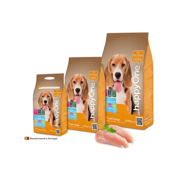 Studio shot of the HappyOne Energy Dry Food bags (4kg, 10kg, and 18kg), showing the front-side packaging with key nutritional benefits.