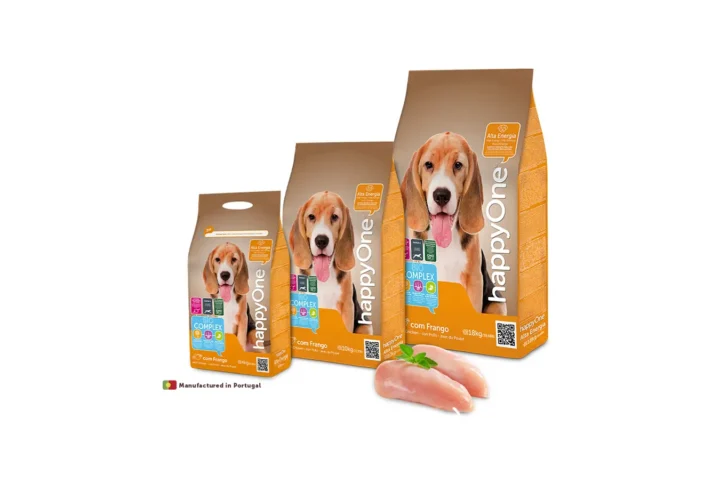 Studio shot of the HappyOne Energy Dry Food bags (4kg, 10kg, and 18kg), showing the front-side packaging with key nutritional benefits.