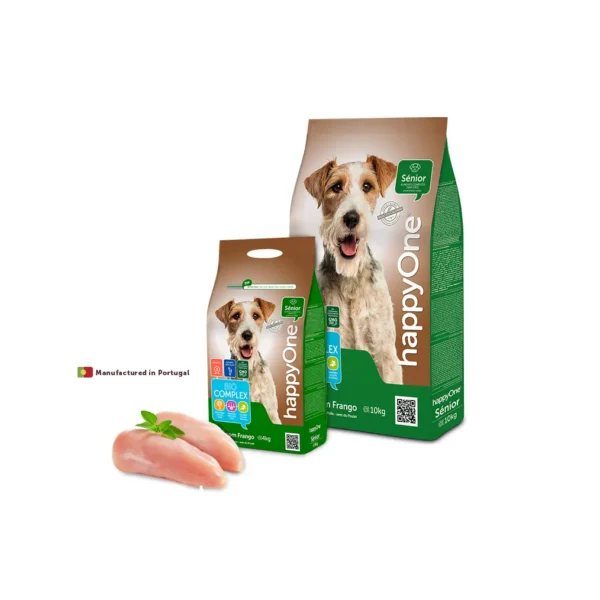 Studio shot of the HappyOne Puppy Dry Food bags (4kg and 18kg), showing the front-side packaging with key nutritional benefits.