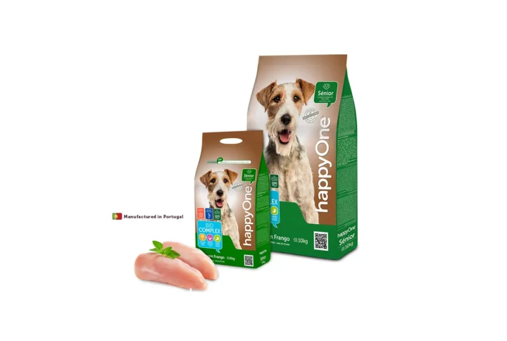 Studio shot of the HappyOne Puppy Dry Food bags (4kg and 18kg), showing the front-side packaging with key nutritional benefits.