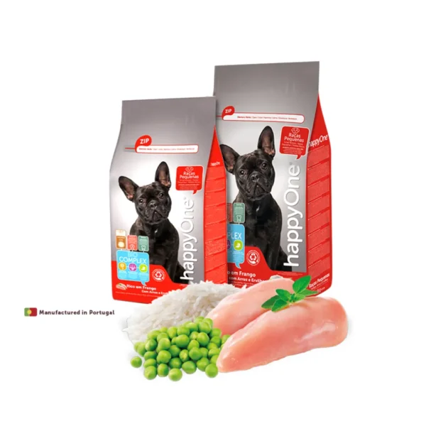 Studio shot of the HappyOne Small Breed Dry Food bags (2kg and 4kg), showing the front-side packaging with key nutritional benefits.