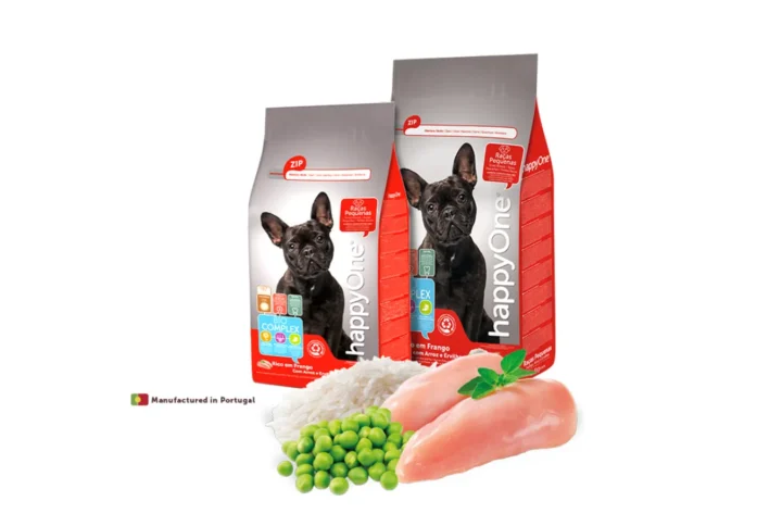 Studio shot of the HappyOne Small Breed Dry Food bags (2kg and 4kg), showing the front-side packaging with key nutritional benefits.