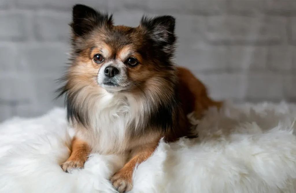 A small, long-haired Chihuahua sitting attentively with its tongue slightly out, representing the optimal health and vitality supported by HappyOne Small Breed Dry Food, formulated specifically for their unique needs.