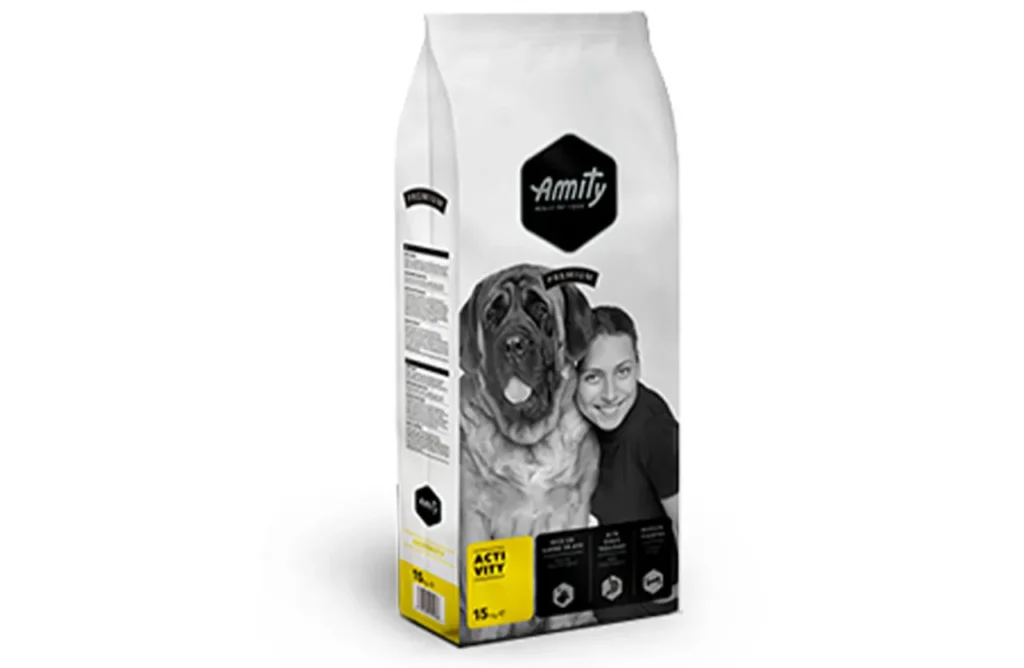 A white bag of Amity Premium Dog Activity dry dog food, clearly showing the product name, weight (15 KG), and key benefits like 'ACTIVITY' and 'PREMIUM'. The bag signifies high-quality ingredients chosen for maximum performance, resilience, and endurance in dogs.