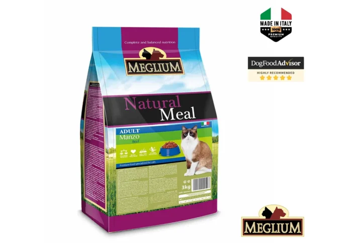 Studio shot of the Meglium Cat Adult Beef 3KG bag. The design features a clean layout with a white background, a cat silhouette, and key nutritional benefits.