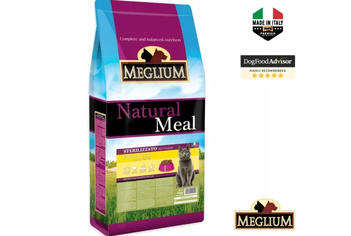 Studio shot of the Meglium Cat Adult Sterilized 15KG bag. The design features a clean layout with a white background, a cat silhouette, and key nutritional benefits.