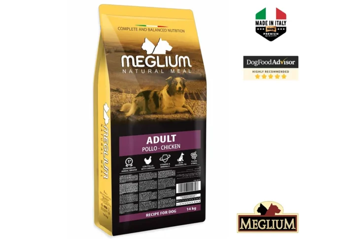 Studio shot of the Meglium Dog Adult Chicken 14KG bag. The design features a clean layout with a white background, a dog silhouette, and key nutritional benefits.