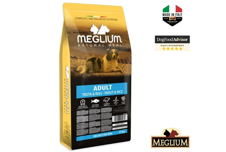 Studio shot of the Meglium Dog Sensible Fish 14KG bag. The design features a clean layout with a white background, a dog silhouette, and key nutritional benefits.