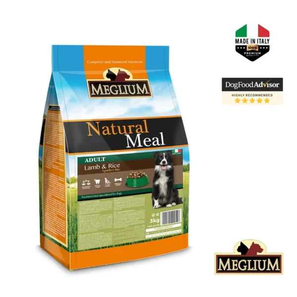 Studio shot of the Meglium Dog Sensible Lamb & Rice 3KG bag. The design features a clean layout with a white background, a dog silhouette, and key nutritional benefits.