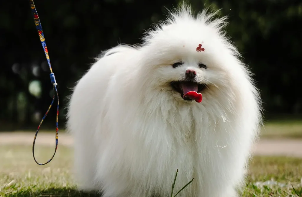 A fluffy white Pomeranian with its tongue out, looking happy and healthy, hinting at the benefits of quality ingredients for sensitive dogs.