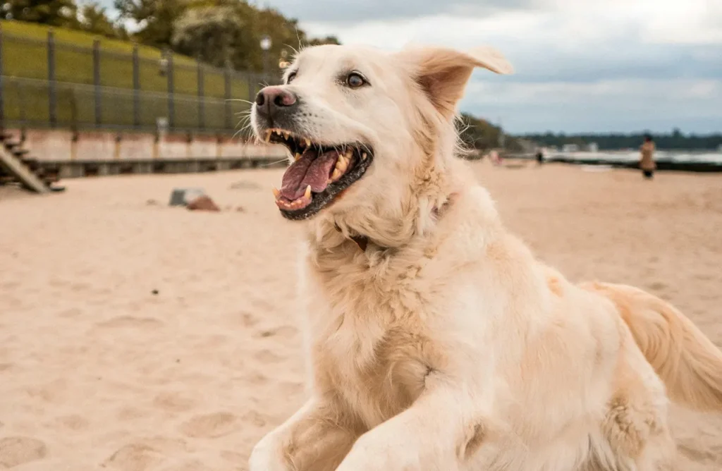 A Golden Retriever with an excited expression on a sandy beach, highlighting the lean muscle maintenance and high energy levels supported by Monello Premium Dog Dry Food's 22% crude beef protein.