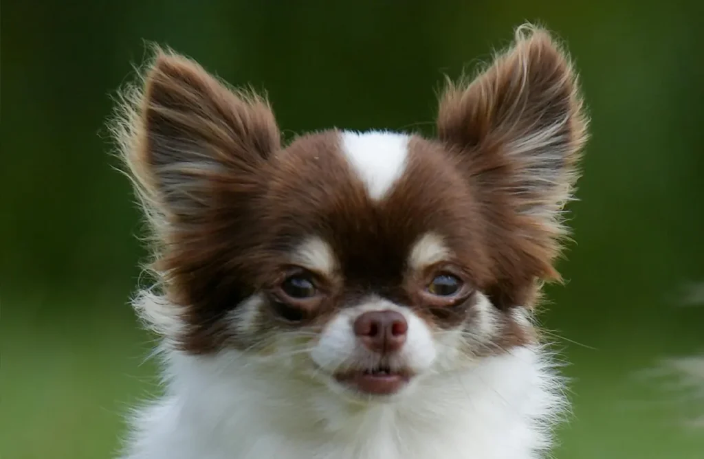 A close-up of a long-haired Chihuahua with bright eyes, indicating the benefits of Monello Premium Dog Dry Food with Yucca Schidigera extract for reduced stool odor and healthier digestion.