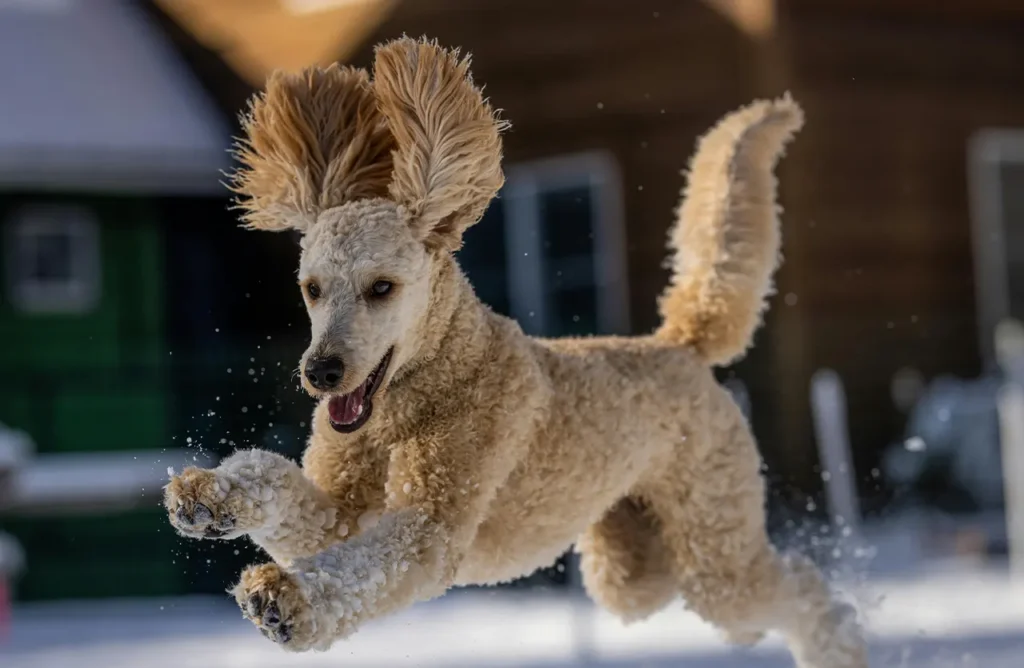 A happy poodle leaping joyfully through the snow, symbolizing the sustained energy and vitality provided by Monello Premium Dog Dry Food's complete high-protein beef nutrition.
