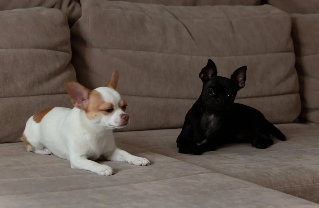 Two Chihuahuas sitting together, representing the reduced stool odor and cleaner home environment that Select by Monello's formula offers to pet parents.