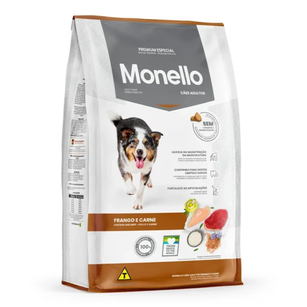 Studio shot of the Monello Premium Dog Dry Food Chicken & Beef bag. The design features a clean layout with a white background, a dog silhouette, and key nutritional benefits.