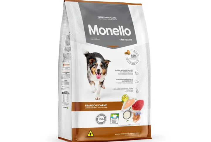 Studio shot of the Monello Premium Dog Dry Food Chicken & Beef bag. The design features a clean layout with a white background, a dog silhouette, and key nutritional benefits.