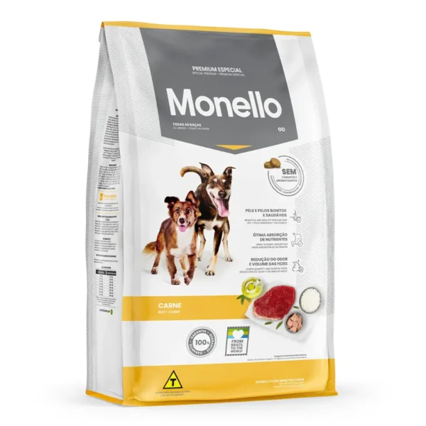 Studio shot of the Monello Premium Dog Dry Food Go Beef bag. The design features a clean layout with a white background, a dog silhouette, and key nutritional benefits.