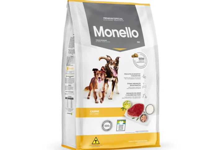 Studio shot of the Monello Premium Dog Dry Food Go Beef bag. The design features a clean layout with a white background, a dog silhouette, and key nutritional benefits.