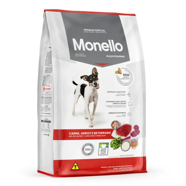 Studio shot of the Monello Premium Dog Small Breed Dry Food Beef, Rice & Beet bag. The design features a clean layout with a white background, a dog silhouette, and key nutritional benefits.
