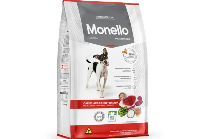 Studio shot of the Monello Premium Dog Small Breed Dry Food Beef, Rice & Beet bag. The design features a clean layout with a white background, a dog silhouette, and key nutritional benefits.