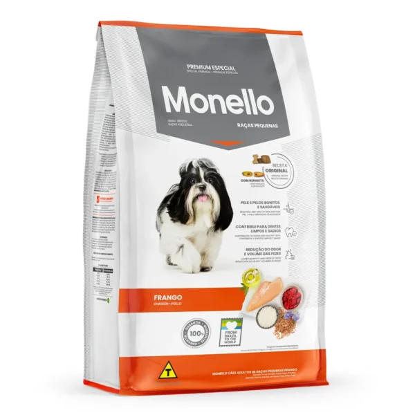Studio shot of the Monello Premium Dog Small Breed Dry Food Chicken bag. The design features a clean layout with a white background, a dog silhouette, and key nutritional benefits.
