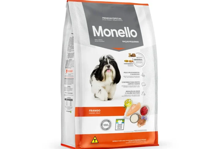 Studio shot of the Monello Premium Dog Small Breed Dry Food Chicken bag. The design features a clean layout with a white background, a dog silhouette, and key nutritional benefits.