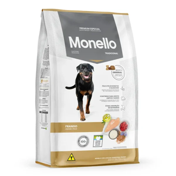 Studio shot of the Monello Premium Dog Traditional Dry Food Chicken bag. The design features a clean layout with a white background, a dog silhouette, and key nutritional benefits.