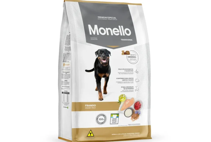 Studio shot of the Monello Premium Dog Traditional Dry Food Chicken bag. The design features a clean layout with a white background, a dog silhouette, and key nutritional benefits.