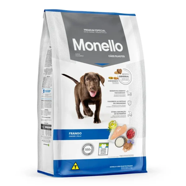 Studio shot of the Monello Premium Puppy Dry Food Chicken bag. The design features a clean layout with a white background, a puppy silhouette, and key nutritional benefits.