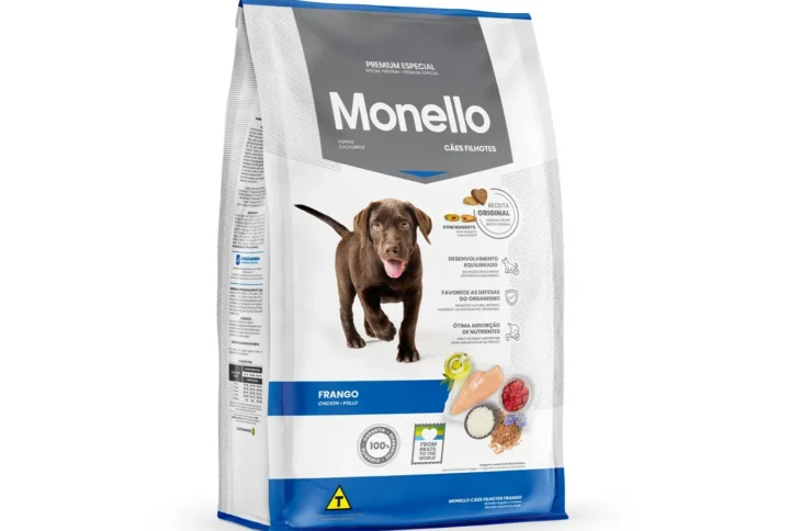 Studio shot of the Monello Premium Puppy Dry Food Chicken bag. The design features a clean layout with a white background, a puppy silhouette, and key nutritional benefits.