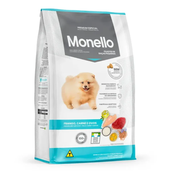 Studio shot of the Monello Premium Puppy Small Breed Dog Dry Food bag. The design features a clean layout with a sky-blue background, a puppy silhouette, and key nutritional benefits.